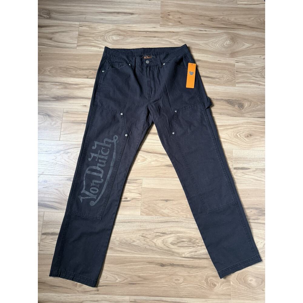 Von Dutch Jeans Mens Sz 32x32 Double Knee Patch Graphic 100% Cotton Black Denim